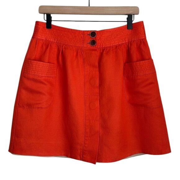 J.CREW Women’s Linen Blend Skirt 8 Button Front Lined Pockets Bright Orange Sz.8 - Picture 1 of 9